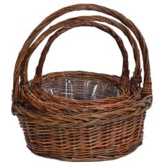 Round Unpeeled Willow Basket w/Braided Rim, Top Handle & Liners, Set of 3