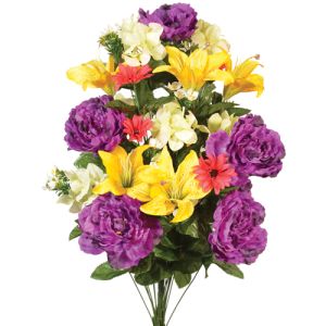 Silk Mixed Peony, Hydrangea & Lily Bush in Beauty/Purple/Yellow - Small Image