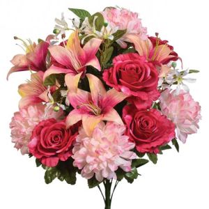 Silk Mixed Rose, Mum and Lily Bush in Beauty and Pink Mix- Small Image