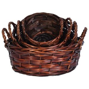 Round Triple Weave Basket w/Side Handles & Liners, Set of 4 - Brown Stained