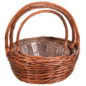Round Split Willow Basket with Handle, Set of 3 with Liners in Stained - Small Image
