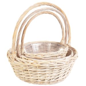 Round Split Willow Basket with Handle, Set of 3 with Liners in Whitewash - Small Image