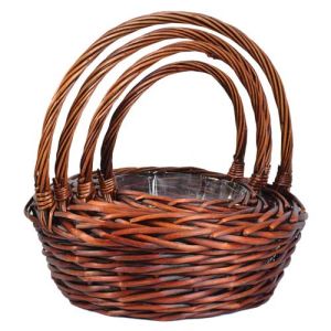 Round Split Willow Basket w/Handle, Set of 4 w/Liners - Brown Stained